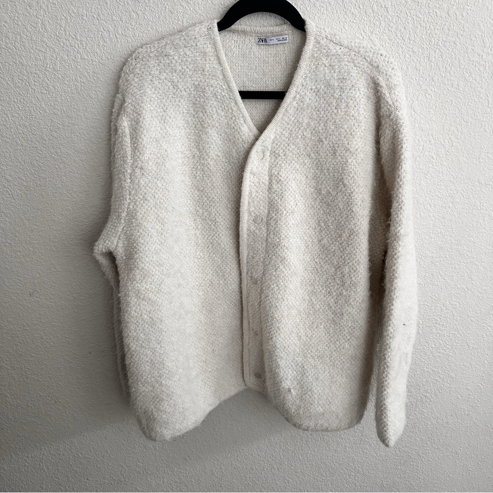 Zara Cream Oversized Relaxed Fluffy Cardigan sweater size large